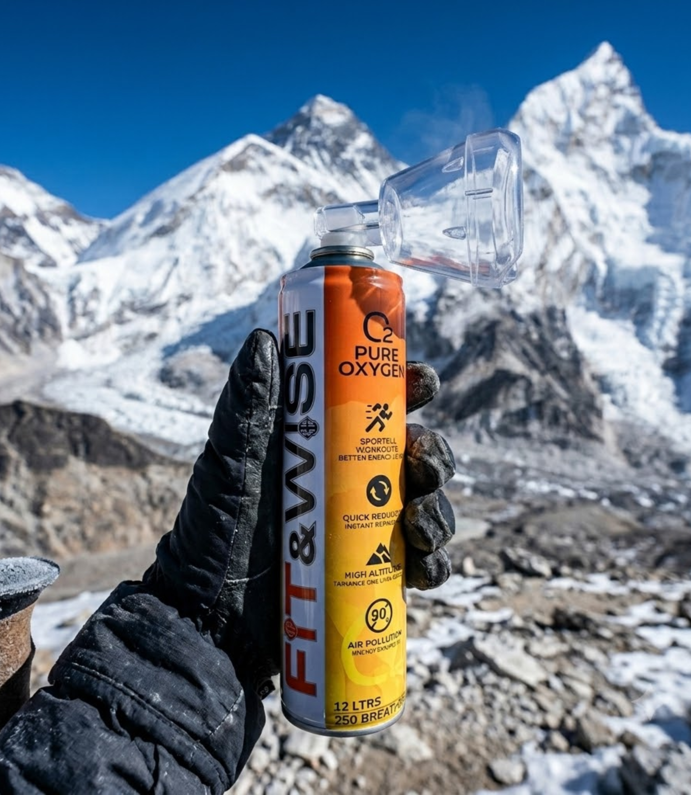 A Mountain climber holding Fit&Wise Portable Oxygen Can at high altitude place