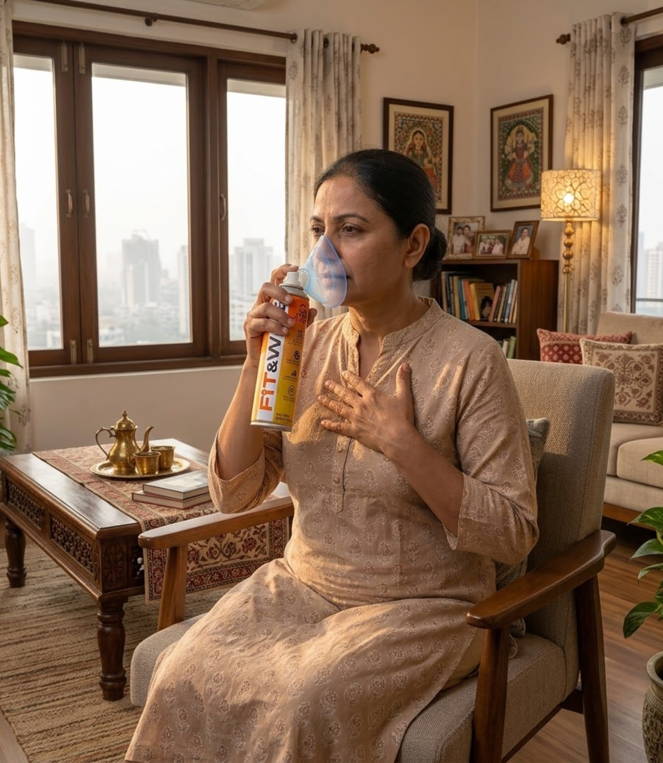 Asthma Patient using Fit&Wise Portable Oxygen Can to catch a breath to feel better
