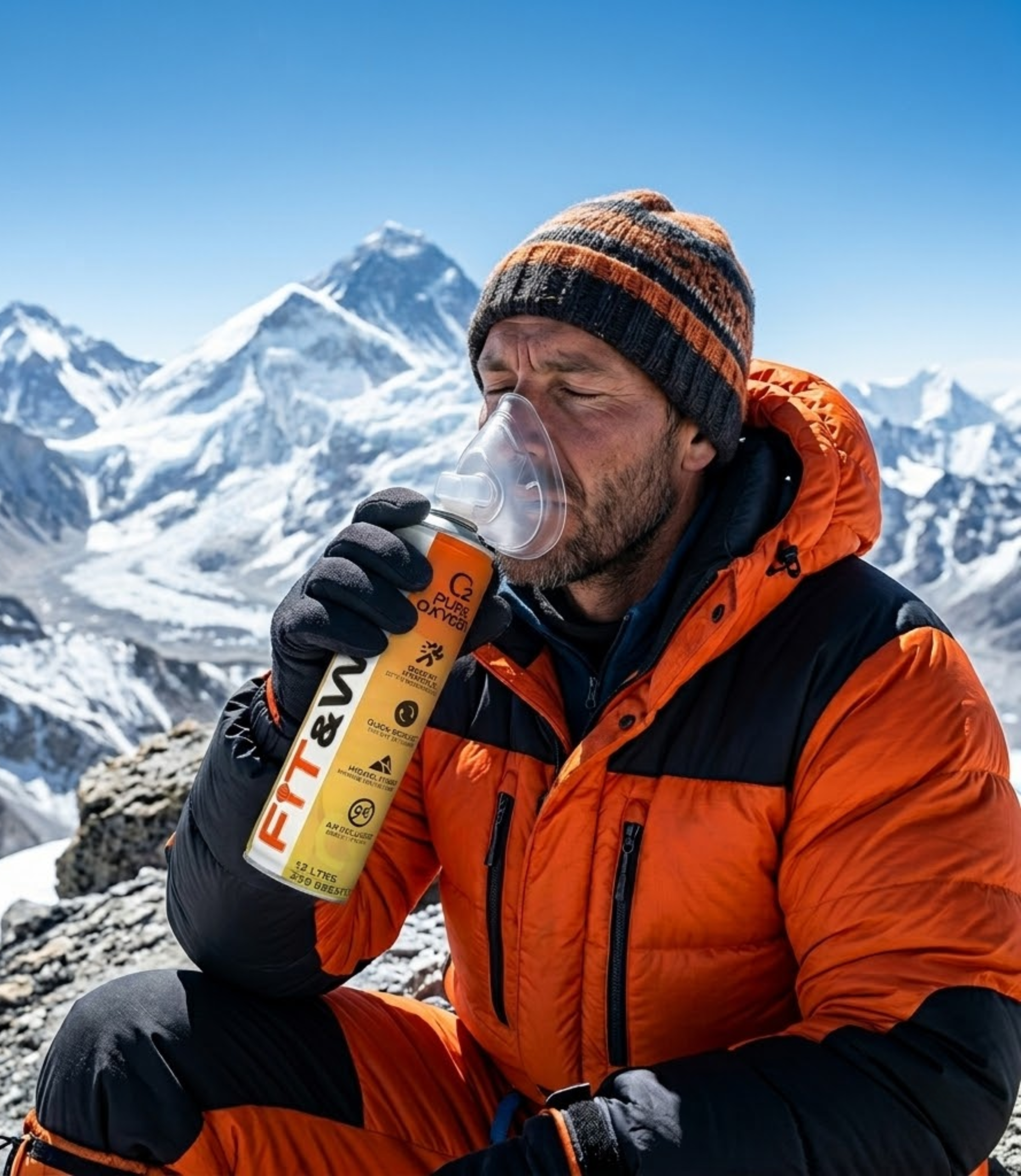 A mountain climber breathing oxygen from Fit&Wise Oxygen Can at mountain peak