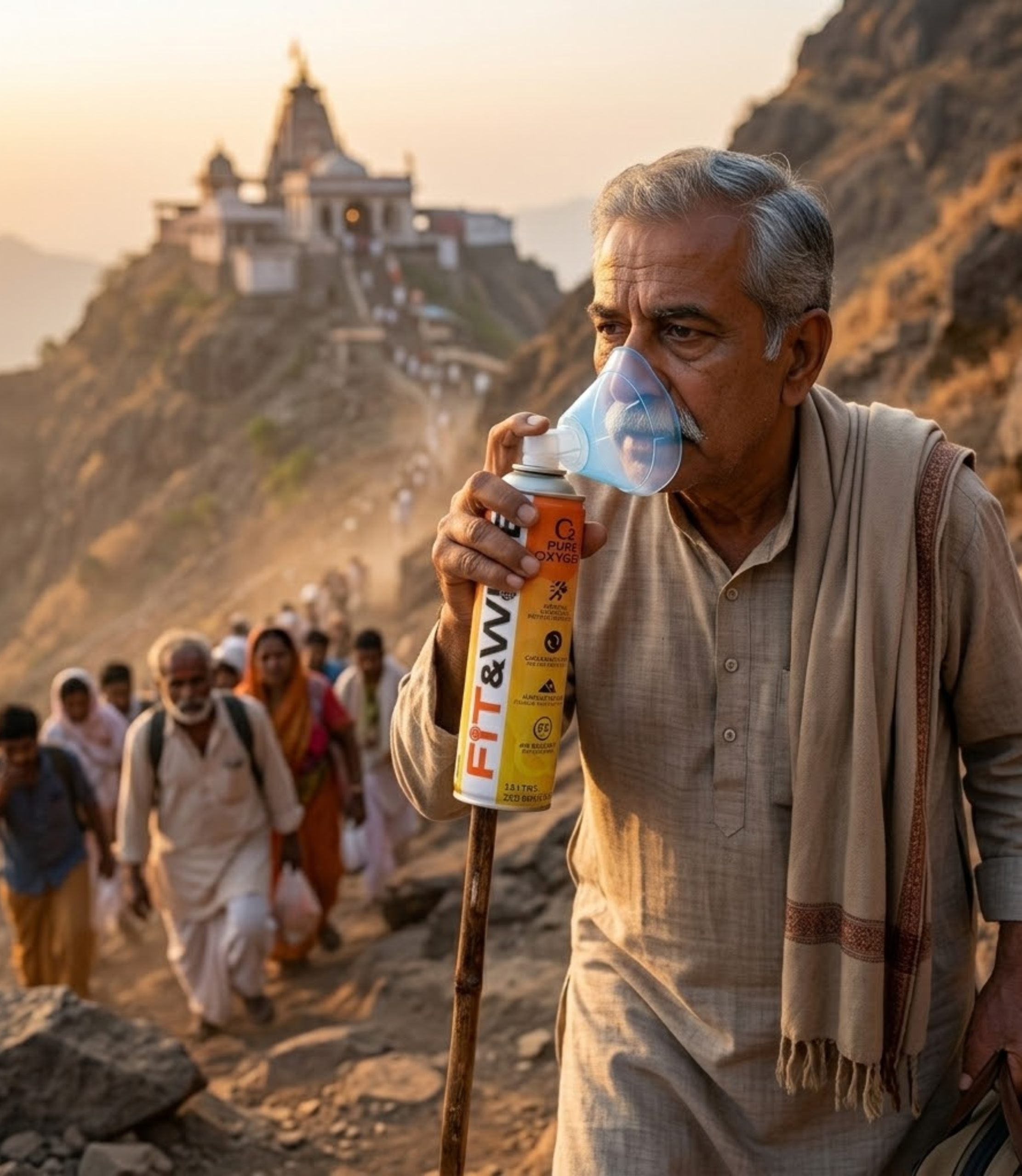 A elder person using Fit&Wise Portable Oxygen Can during their Pilgrimage travel