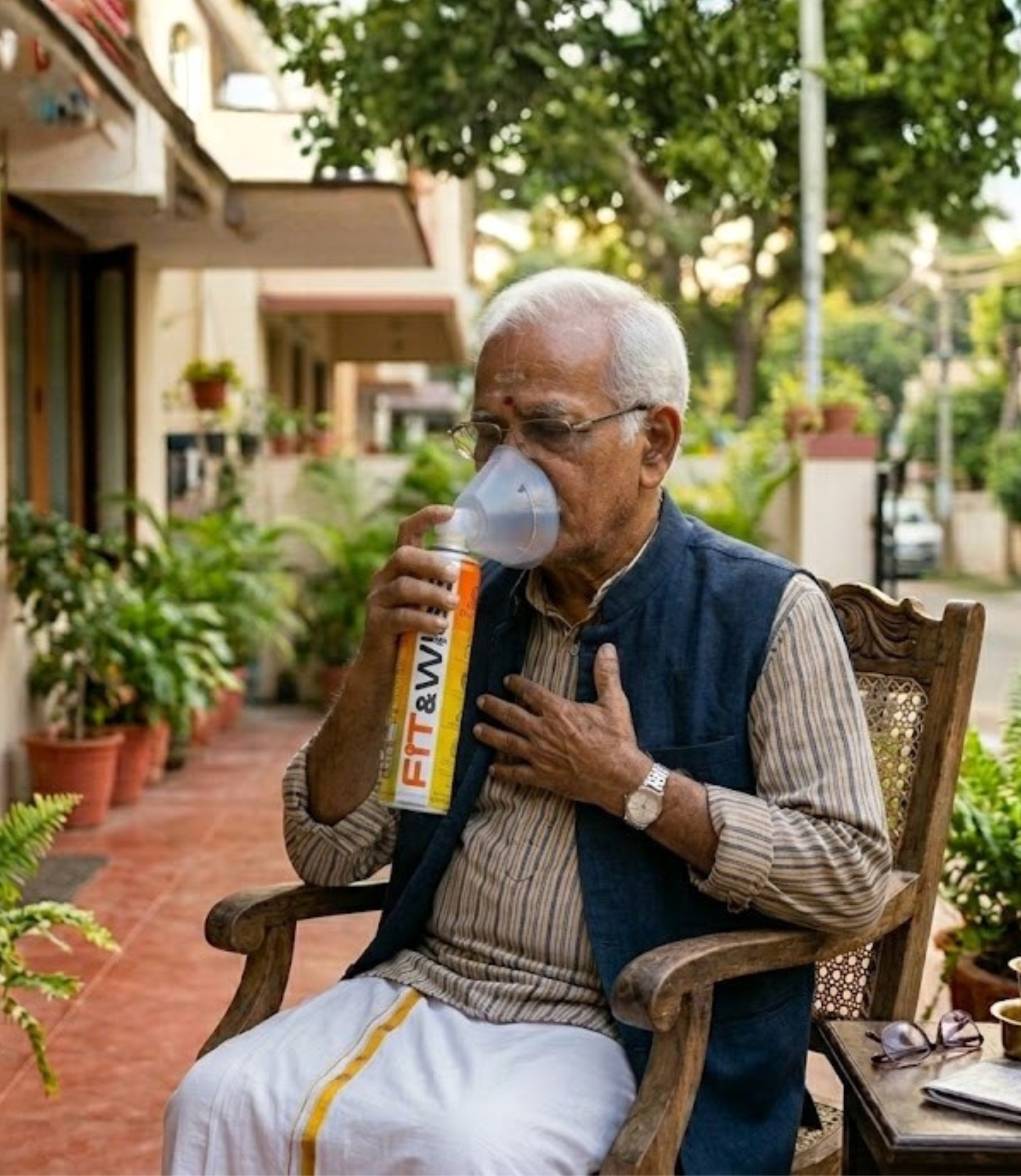 A senior citizen using Fit&Wise Portable Oxygen Can to breath better
