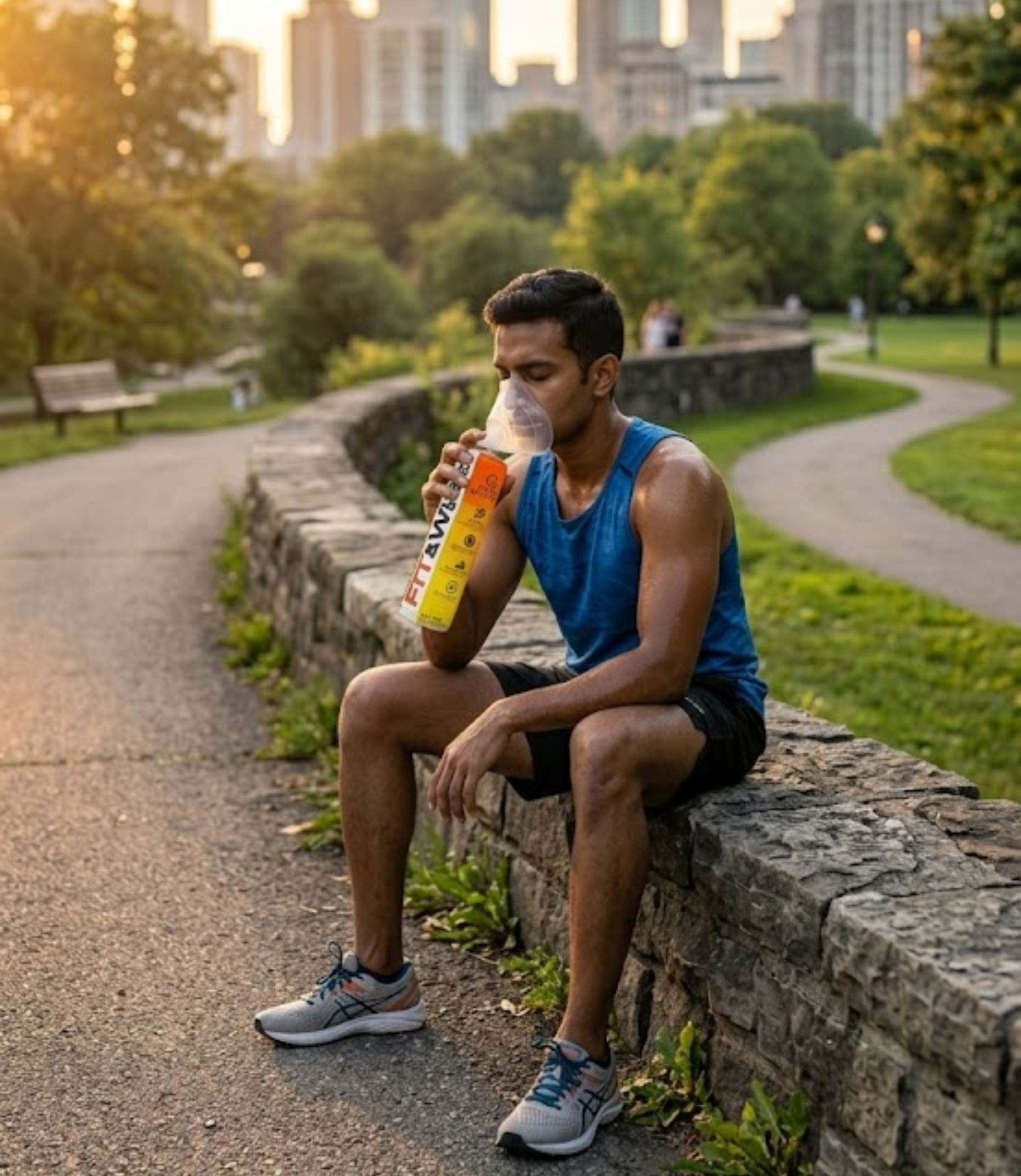A runner using Fit&Wise Portable Oxygen Can to breath pure oxygen for recovery