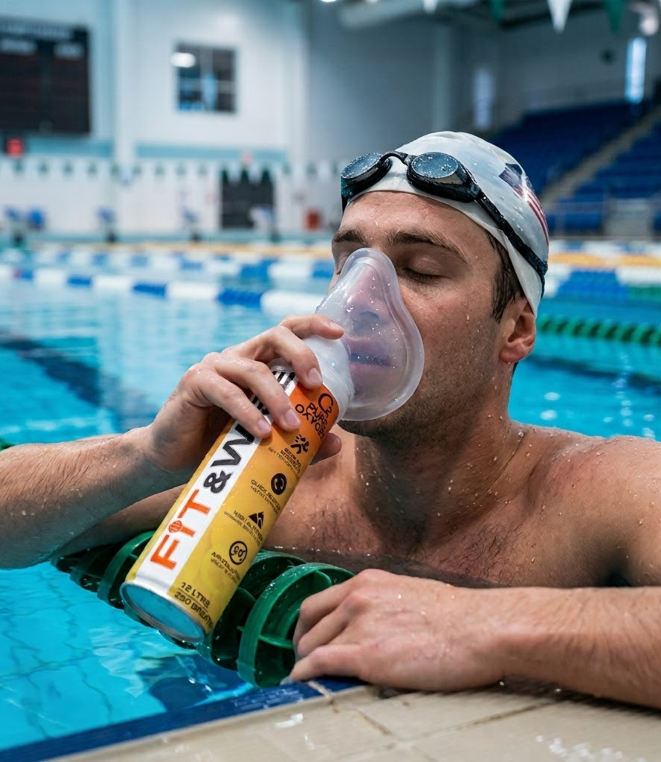 A swimming using Fit&Wise Portable Oxygen Can to recover during his swimming session