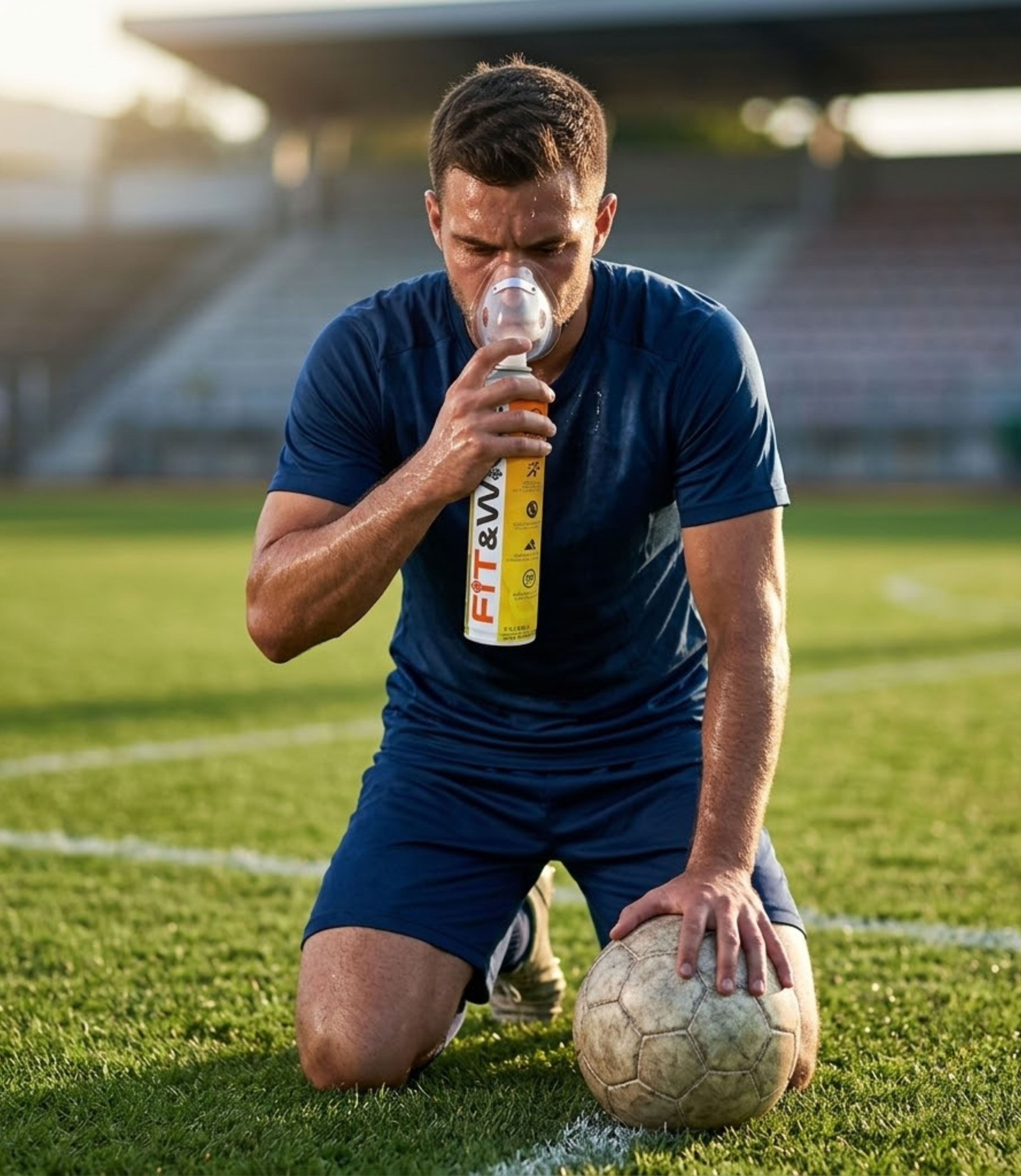 A footballer taking a breath through Fit&Wise Portable Oxygen Can to recover from fatigue