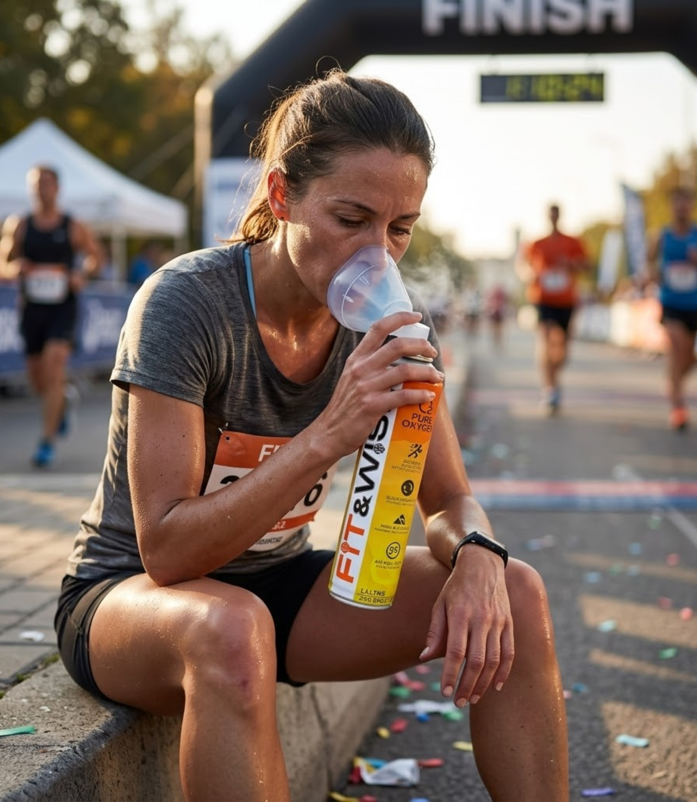 A marathon runner using Fit&Wise Portable Oxygen Can to catch a breath