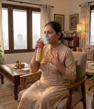 Asthma Patient using Fit&Wise Portable Oxygen Can to catch a breath to feel better