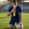 A footballer taking a breath through Fit&Wise Portable Oxygen Can to recover from fatigue