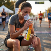 A marathon runner using Fit&Wise Portable Oxygen Can to catch a breath