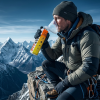 Mountain climber using Fit&Wise Portable Oxygen Can at a cliff
