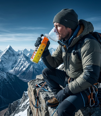 Mountain climber using Fit&Wise Portable Oxygen Can at a cliff