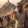A elder person using Fit&Wise Portable Oxygen Can during their Pilgrimage travel