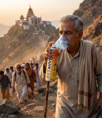 A elder person using Fit&Wise Portable Oxygen Can during their Pilgrimage travel