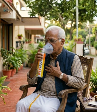 A senior citizen using Fit&Wise Portable Oxygen Can to breath better