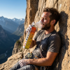 A mountain climber using Fit&Wise Portable Oxygen Can to recover during the climb