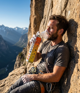 A mountain climber using Fit&Wise Portable Oxygen Can to recover during the climb