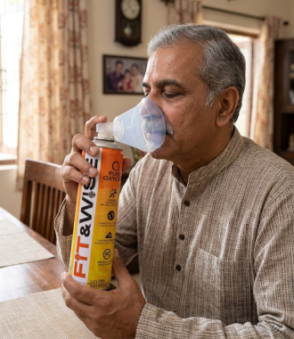 An elder person using Fit&Wise Portable Oxygen Can to take a breathe